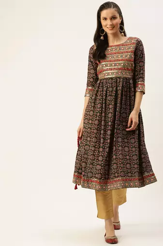 women's calf length round neck green embellished a-line kurta