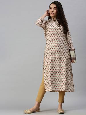 women's calf length mandarin collar cream floral straight kurta 1