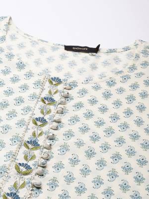 Showoff women's calf length round neck off white paisley straight kurta 3