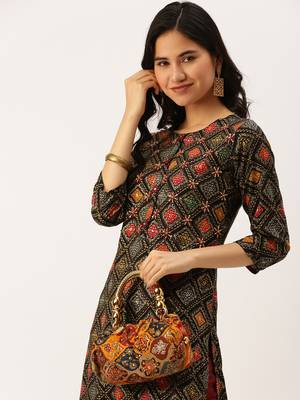 women's calf length round neck multi geometric straight kurta 1