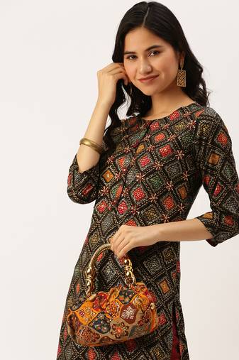 women's calf length round neck multi geometric straight kurta