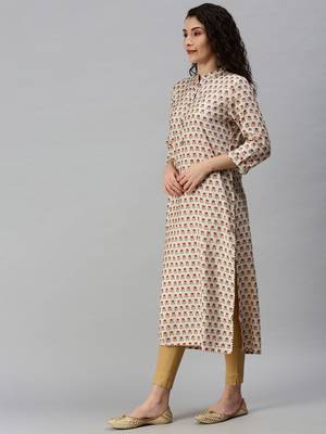 women's calf length mandarin collar cream floral straight kurta 2