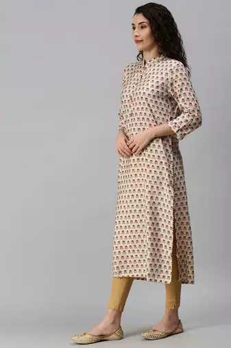 women's calf length mandarin collar cream floral straight kurta
