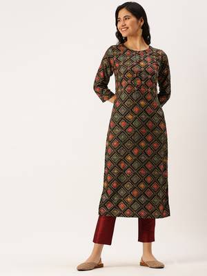 women's calf length round neck multi geometric straight kurta 2