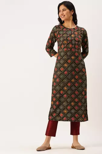 women's calf length round neck multi geometric straight kurta