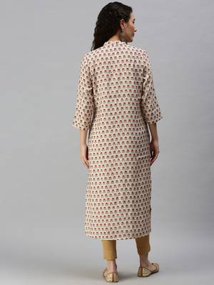 women's calf length mandarin collar cream floral straight kurta 3