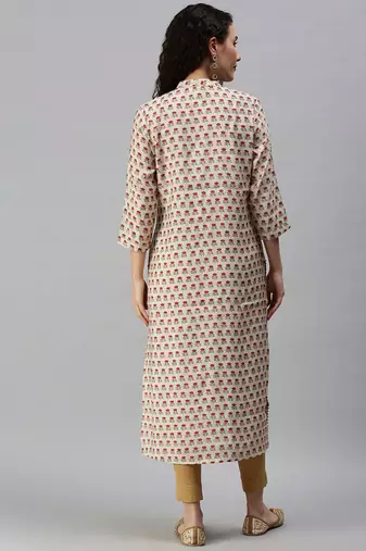 women's calf length mandarin collar cream floral straight kurta