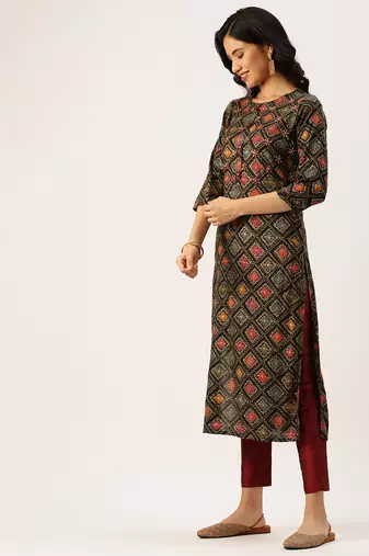 women's calf length round neck multi geometric straight kurta