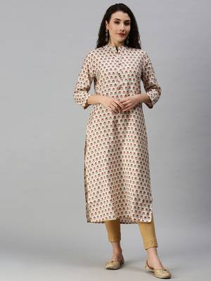 women's calf length mandarin collar cream floral straight kurta 4