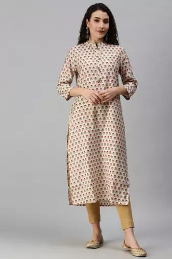 women's calf length mandarin collar cream floral straight kurta