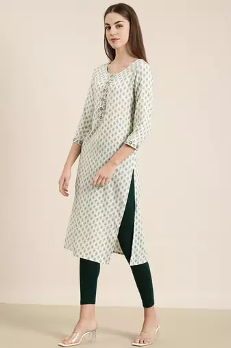 Showoff women's calf length round neck off white paisley straight kurta