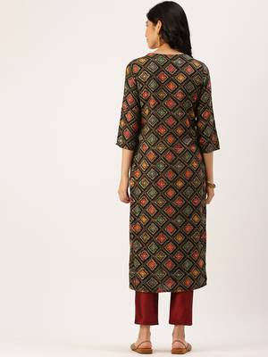 women's calf length round neck multi geometric straight kurta 4