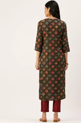 women's calf length round neck multi geometric straight kurta
