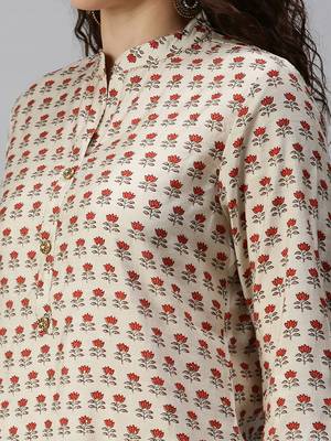women's calf length mandarin collar cream floral straight kurta 5