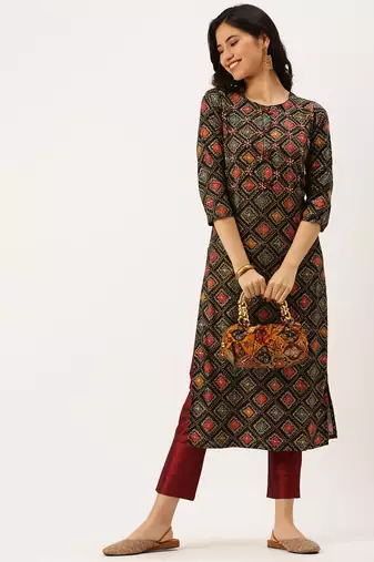 women's calf length round neck multi geometric straight kurta