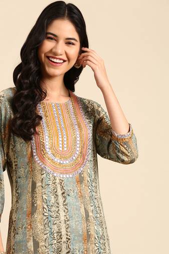 women's calf length round neck multi floral straight kurta