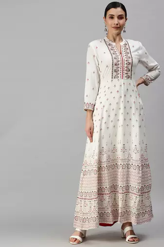 Showoff women's ankle length v-neck white floral anarkali kurta