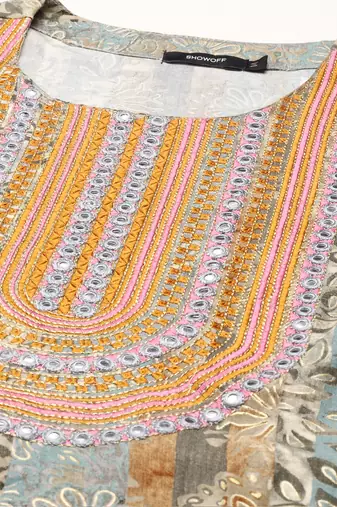 women's calf length round neck multi floral straight kurta