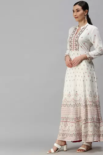 Showoff women's ankle length v-neck white floral anarkali kurta