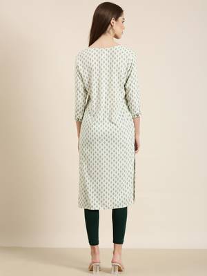 Showoff women's calf length round neck off white paisley straight kurta 5