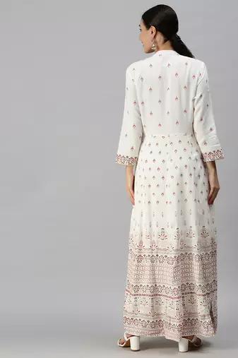 Showoff women's ankle length v-neck white floral anarkali kurta