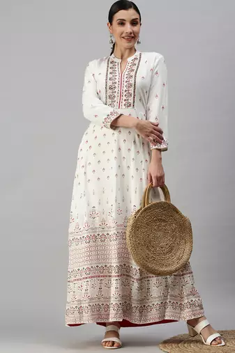 Showoff women's ankle length v-neck white floral anarkali kurta