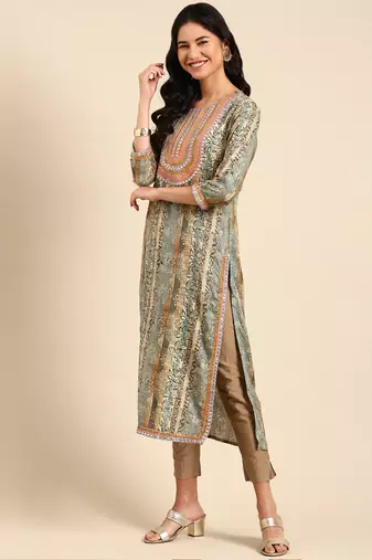 women's calf length round neck multi floral straight kurta
