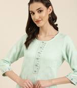 women's calf length round neck sea green woven design straight kurta