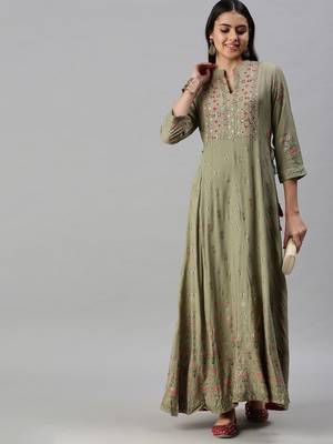 women's ankle length mandarin collar olive floral anarkali kurta 1