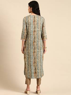 women's calf length round neck multi floral straight kurta 5