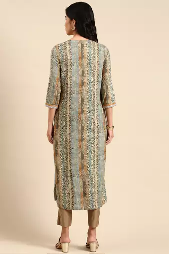 women's calf length round neck multi floral straight kurta