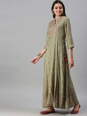 women's ankle length mandarin collar olive floral anarkali kurta 2