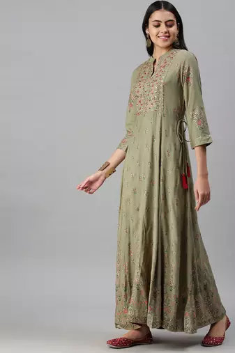 women's ankle length mandarin collar olive floral anarkali kurta