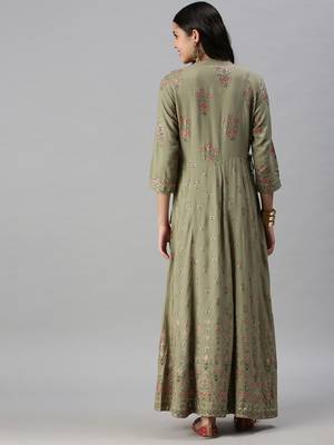 women's ankle length mandarin collar olive floral anarkali kurta 3