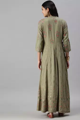 women's ankle length mandarin collar olive floral anarkali kurta