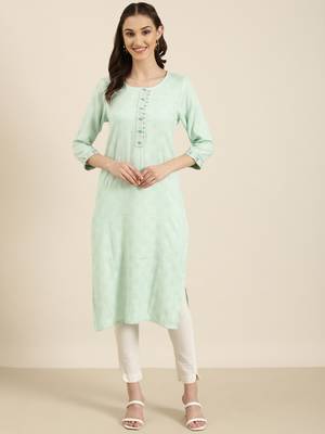 women's calf length round neck sea green woven design straight kurta 2