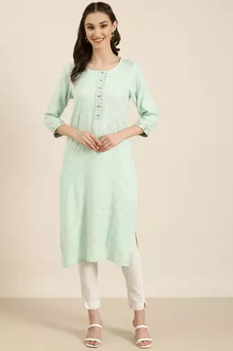 women's calf length round neck sea green woven design straight kurta