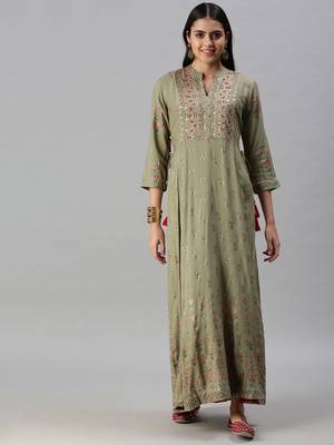 women's ankle length mandarin collar olive floral anarkali kurta 4