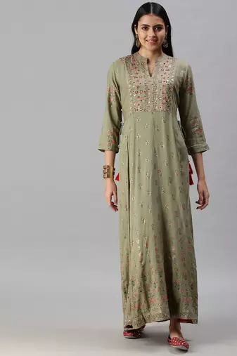 women's ankle length mandarin collar olive floral anarkali kurta