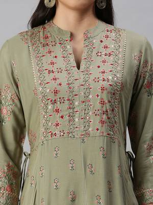 women's ankle length mandarin collar olive floral anarkali kurta 5