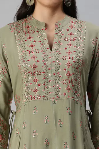 women's ankle length mandarin collar olive floral anarkali kurta