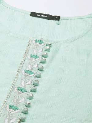 women's calf length round neck sea green woven design straight kurta 3