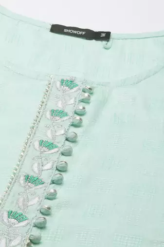 women's calf length round neck sea green woven design straight kurta