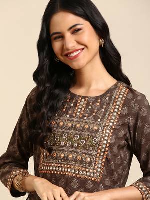 women's calf length round neck brown ethnic motifs straight kurta 1