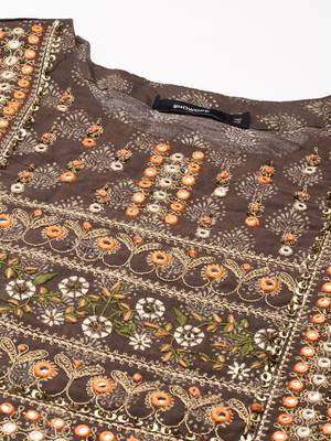 women's calf length round neck brown ethnic motifs straight kurta 2