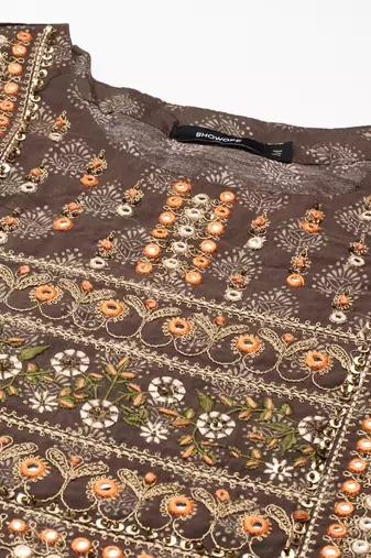women's calf length round neck brown ethnic motifs straight kurta