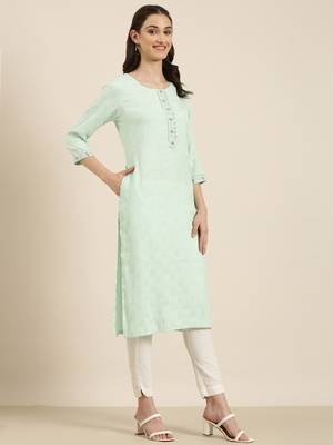 women's calf length round neck sea green woven design straight kurta 4