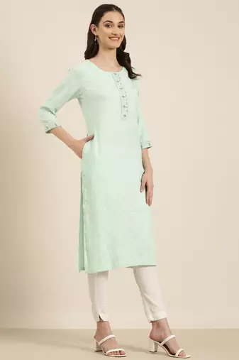 women's calf length round neck sea green woven design straight kurta