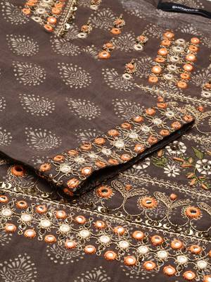 women's calf length round neck brown ethnic motifs straight kurta 3