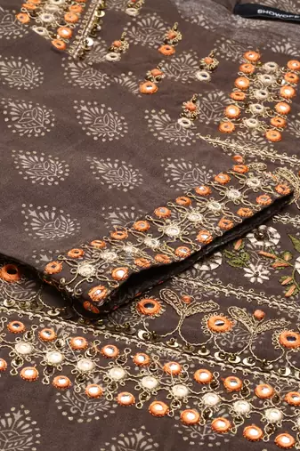 women's calf length round neck brown ethnic motifs straight kurta